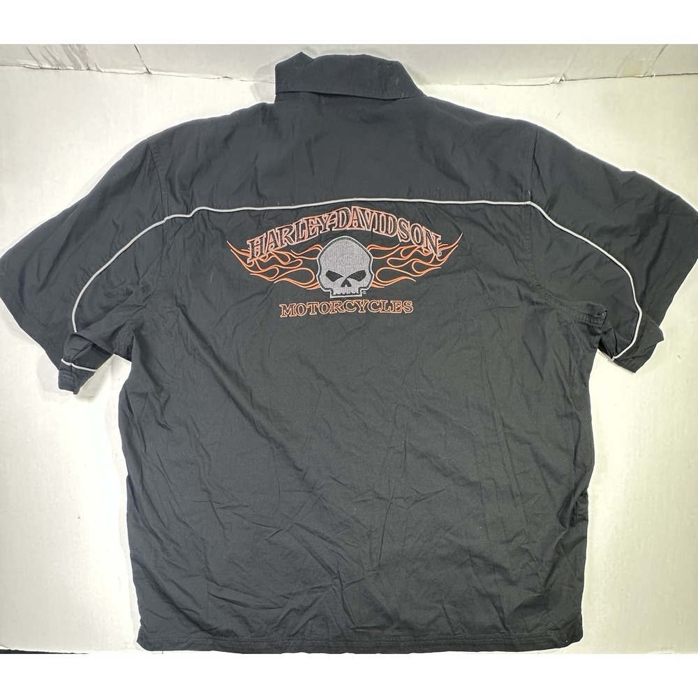 Harley-Davidson Button Up Shirt 3XL Black Flames Skull Logo Embroidered Biker